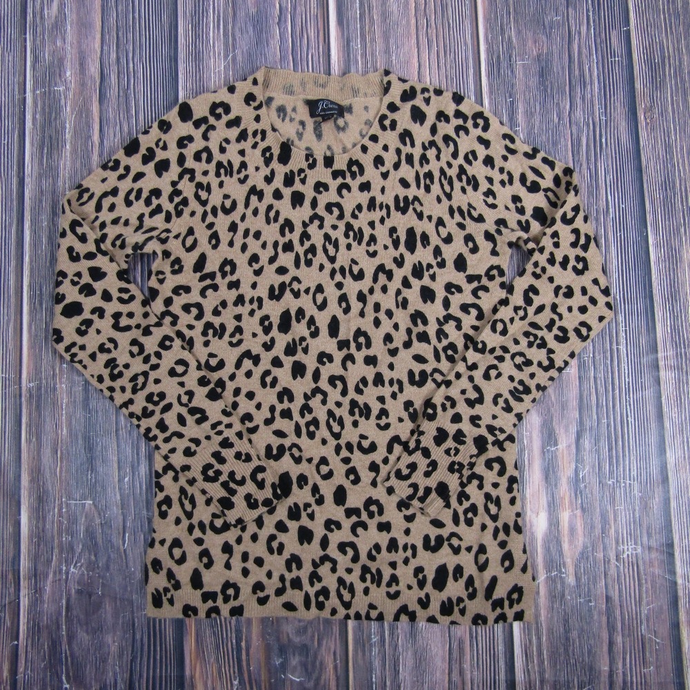 J.Crew Sweater Womens XXS Tan Camel Black Leopard Print 100%‎ Cashmere Crewneck